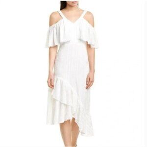 Tularosa Hadley White Asymmetrical Textured Ruffle Sleeve Midi Dress